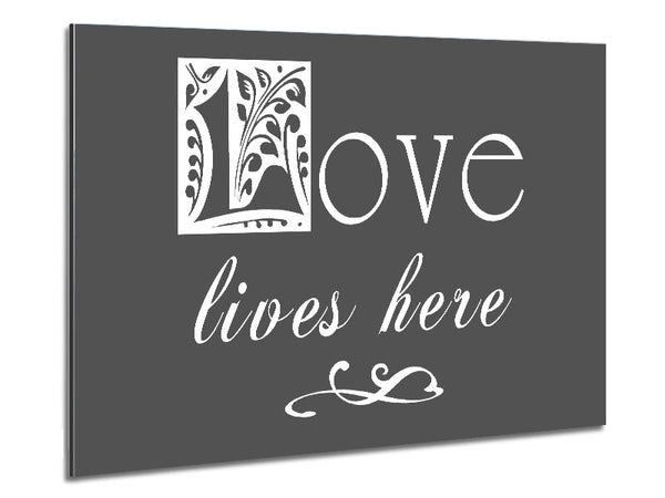 Liebeszitat „Love Lives Here“ in Grau
