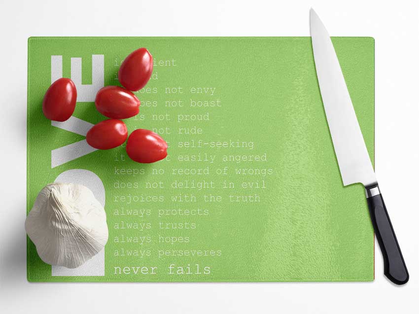 Love Quote Love Never Fails Lime Green Glass Chopping Board