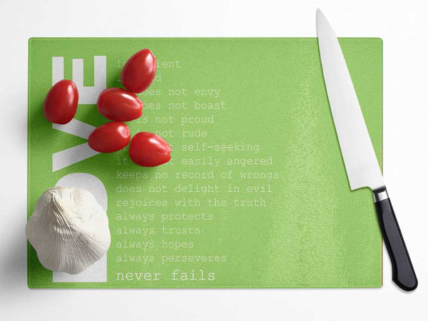 Love Quote Love Never Fails Lime Green Glass Chopping Board