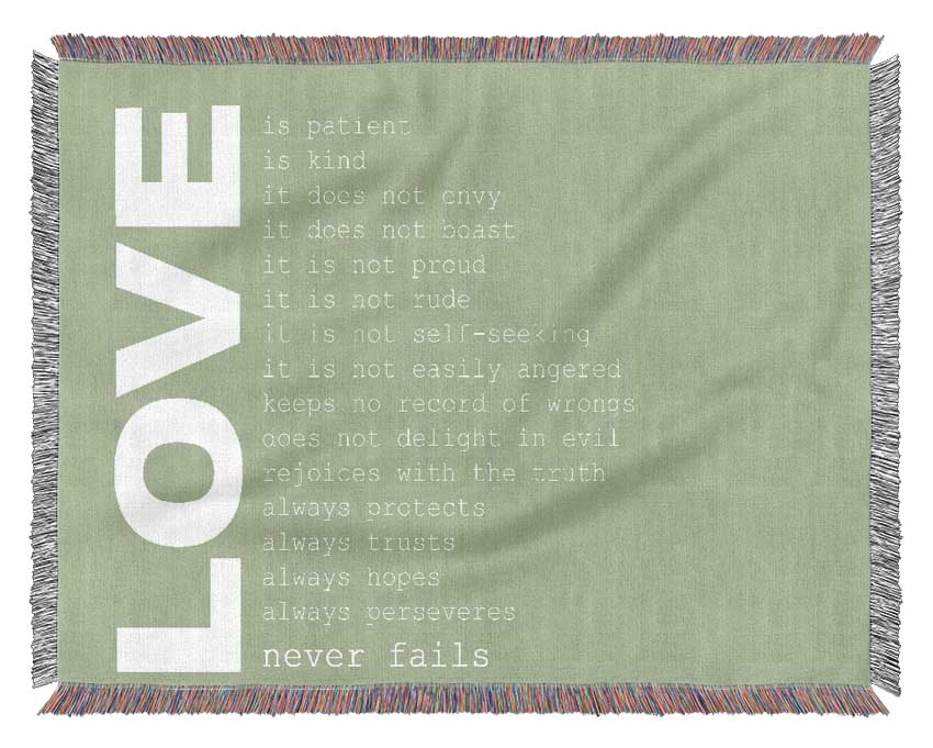 Love Quote Love Never Fails Lime Green Woven Blanket
