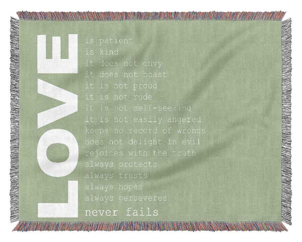 Love Quote Love Never Fails Lime Green Woven Blanket