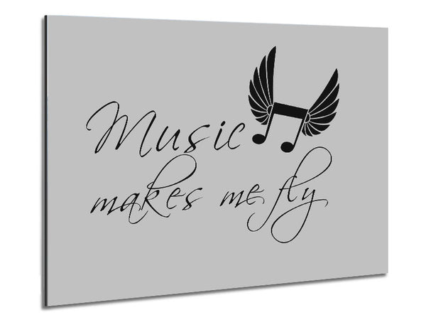 Boys room Quote Music Makes Me Fly Grey Metal Print