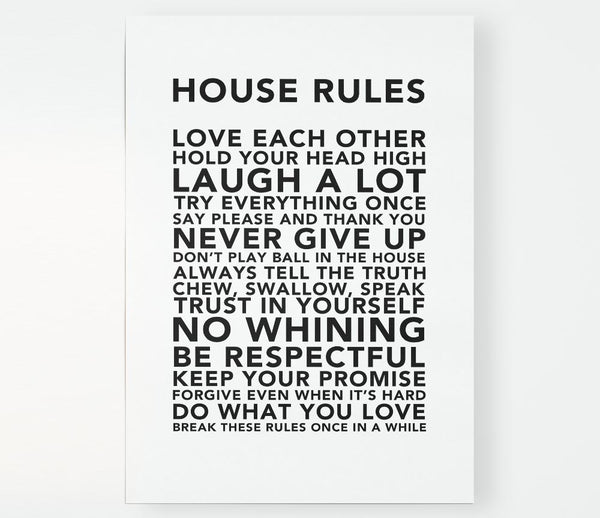 Family Quote House Rules 3 White Print Poster Wall Art