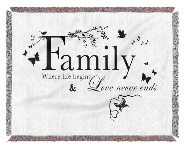 Family Quote Family Where Life Begins White Woven Blanket