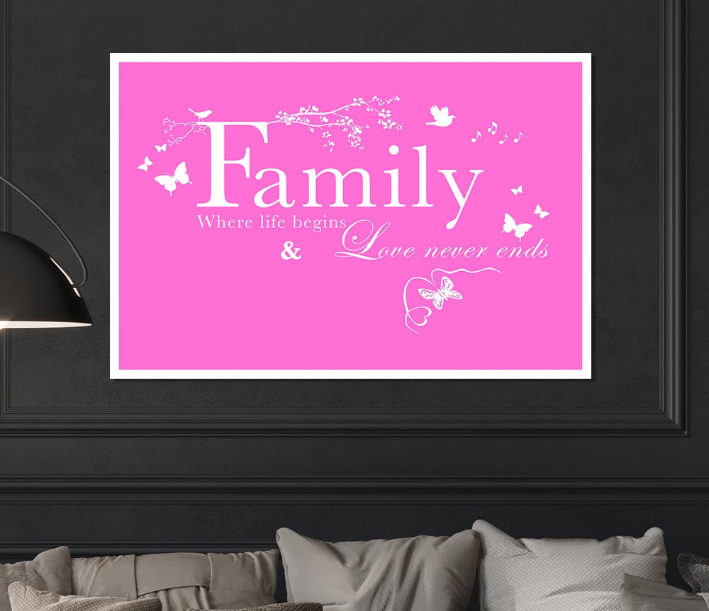 Family Quote Family Where Life Begins Vivid Pink Print Poster Wall Art