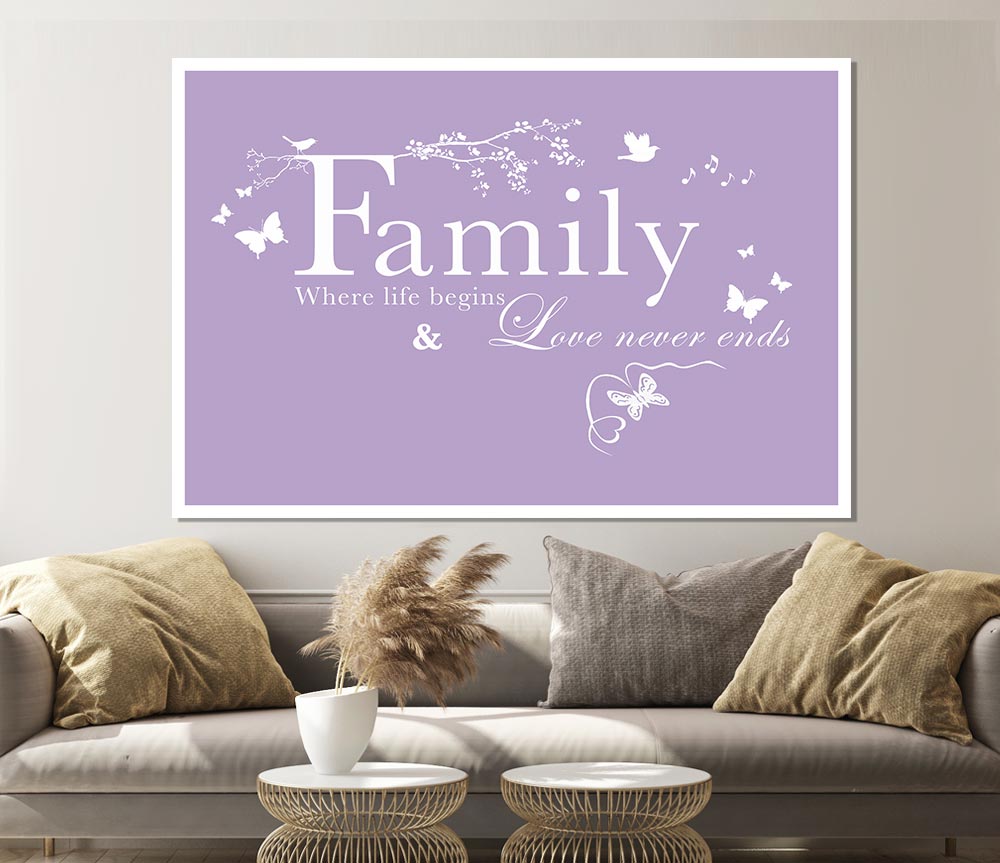 Family Quote Family Where Life Begins Lilac Print Poster Wall Art