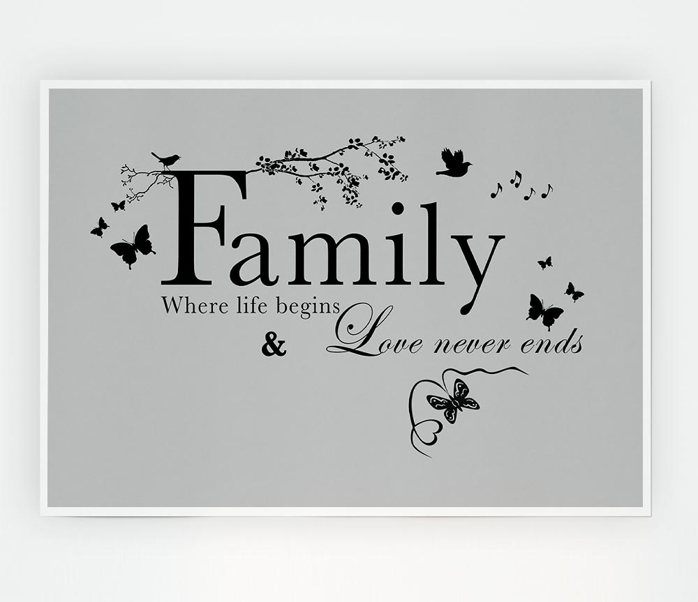 Family Quote Family Where Life Begins Grey Print Poster Wall Art