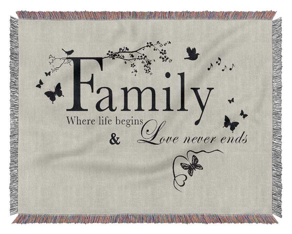 Family Quote Family Where Life Begins Grey Woven Blanket