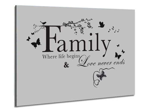 Family Quote Family Where Life Begins Grey Metal Print
