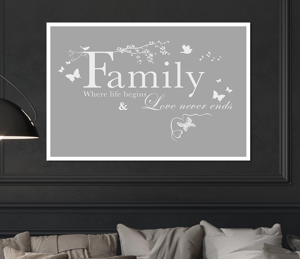Family Quote Family Where Life Begins Grey White Print Poster Wall Art