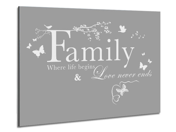 Family Quote Family Where Life Begins Grey White Metal Print
