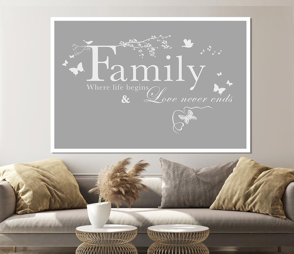 Family Quote Family Where Life Begins Grey White Print Poster Wall Art