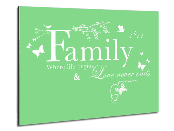 Family Quote Family Where Life Begins Green Metal Print
