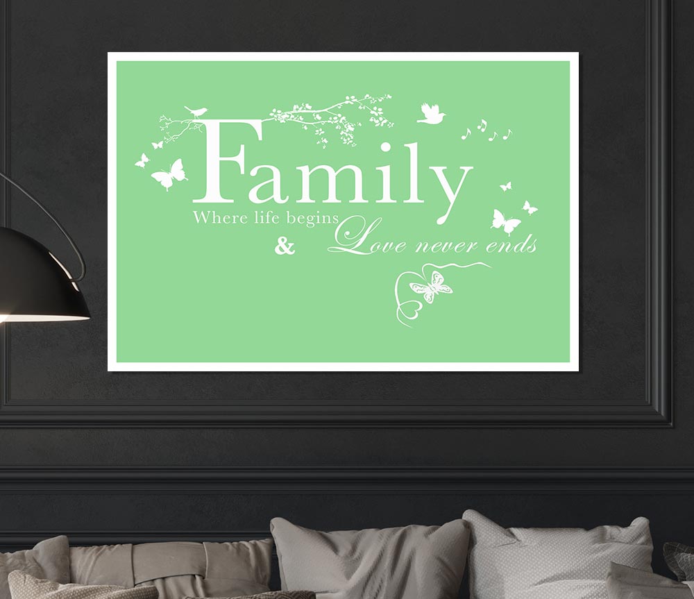 Family Quote Family Where Life Begins Green Print Poster Wall Art