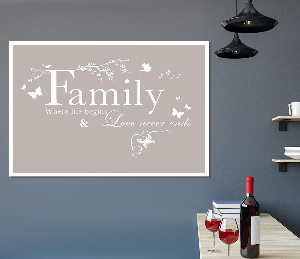 Family Quote Family Where Life Begins Beige Print Poster Wall Art