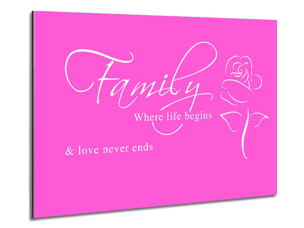 Family Quote Family Where Life Begins 1 Vivid Pink Metal Print