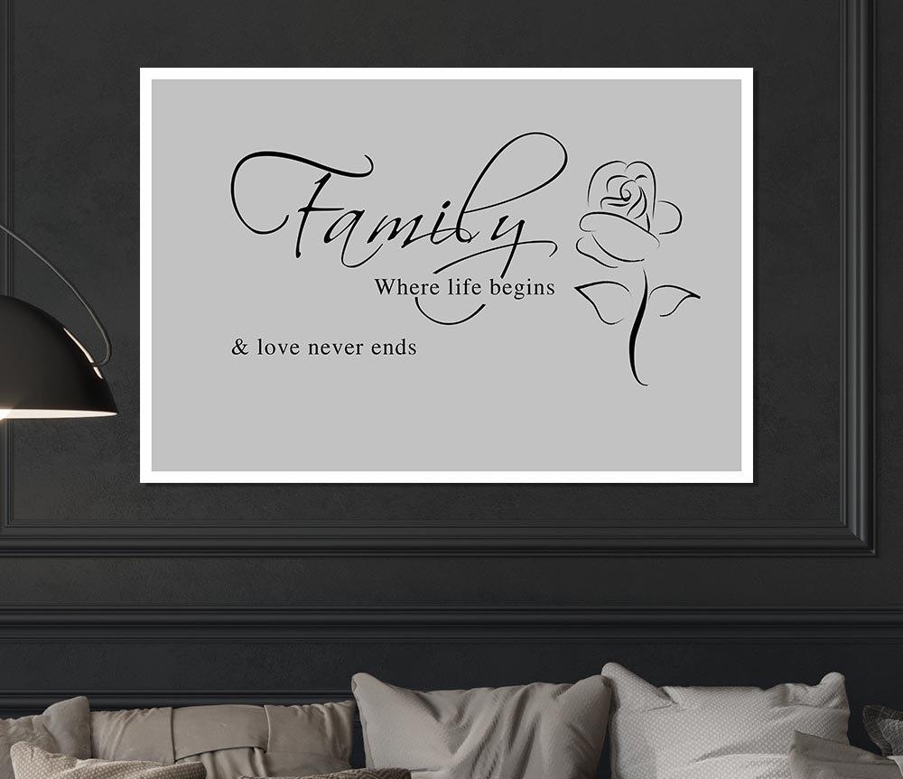Family Quote Family Where Life Begins 1 Grey Print Poster Wall Art