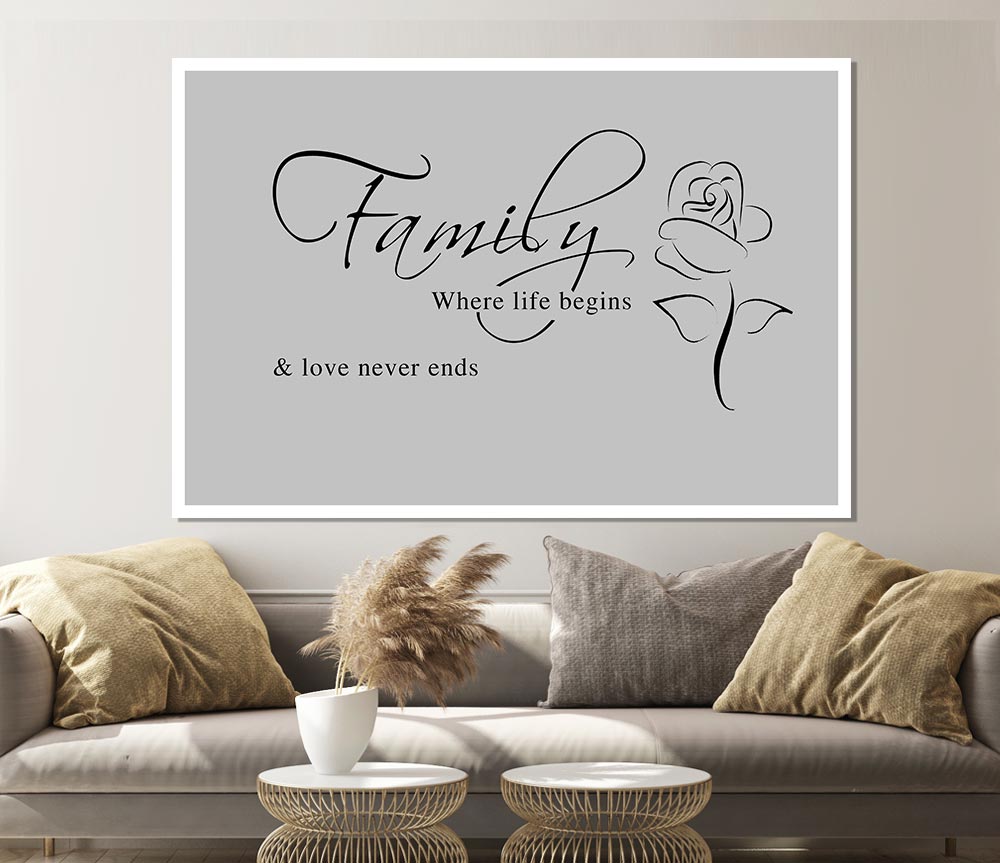 Family Quote Family Where Life Begins 1 Grey Print Poster Wall Art