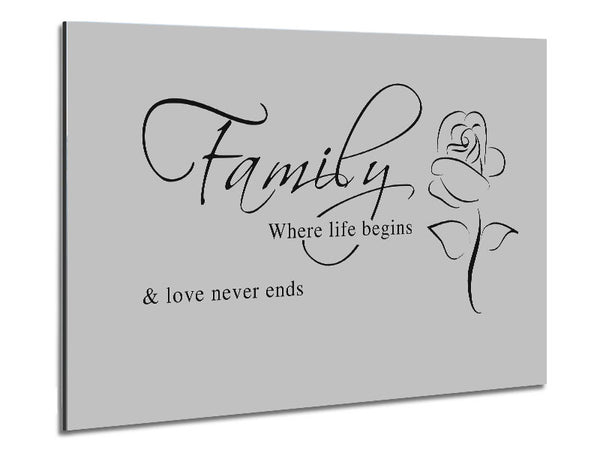 Family Quote Family Where Life Begins 1 Grey Metal Print