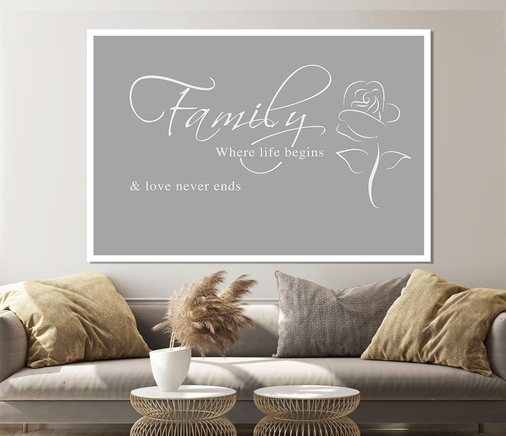 Family Quote Family Where Life Begins 1 Grey White Print Poster Wall Art
