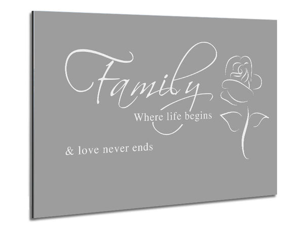 Family Quote Family Where Life Begins 1 Grey White Metal Print