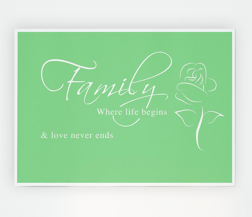 Family Quote Family Where Life Begins 1 Green Print Poster Wall Art