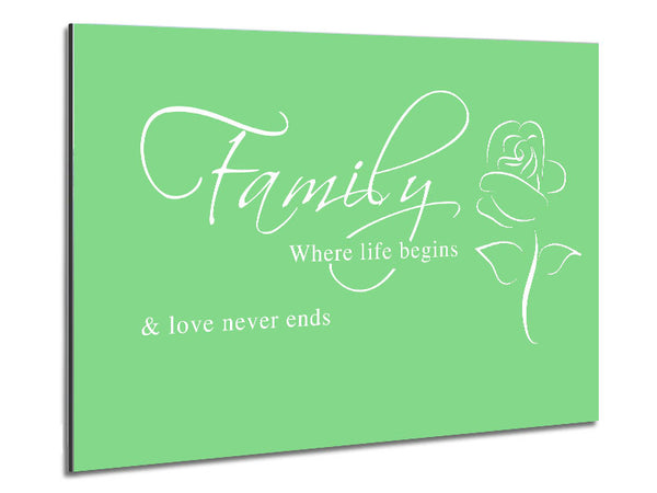 Family Quote Family Where Life Begins 1 Green Metal Print
