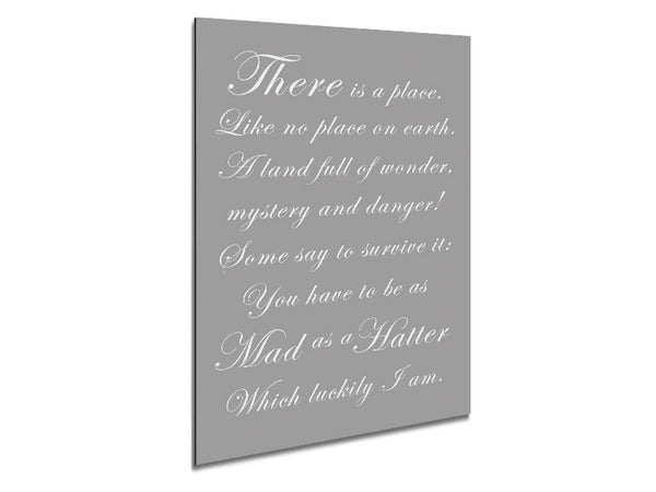 Alice In Wonderland As Mad As A Hatter Grey White Metal Print