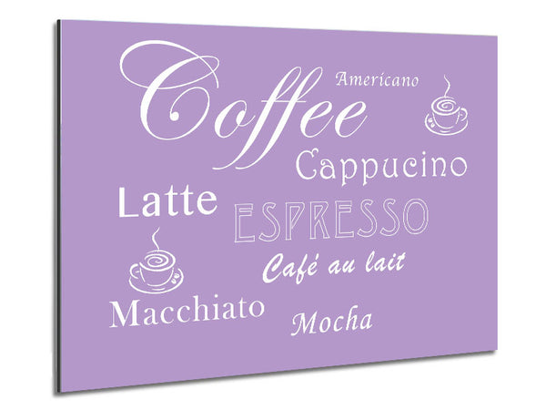 Kitchen Quote Coffee Delight Lilac Metal Print