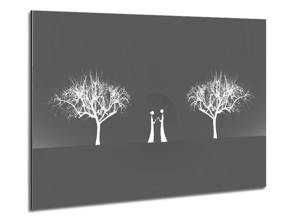 Love Between The Trees And Moon Grey Metal Print