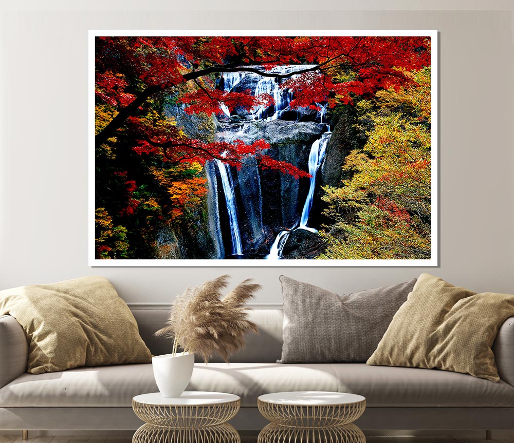 Waterfall Autumn Print Poster Wall Art