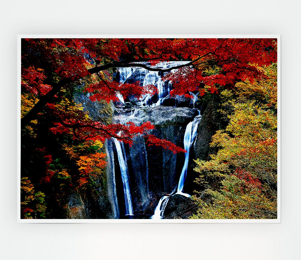 Waterfall Autumn Print Poster Wall Art