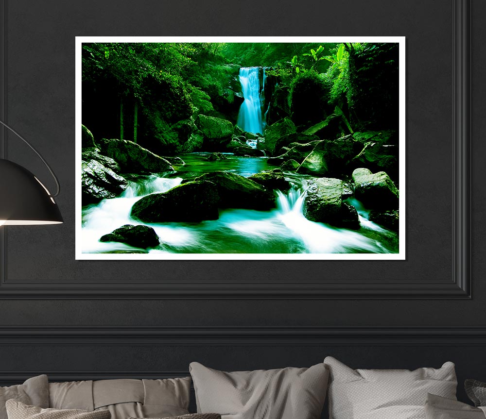 The Waterfall Flows Over The Rocks Print Poster Wall Art