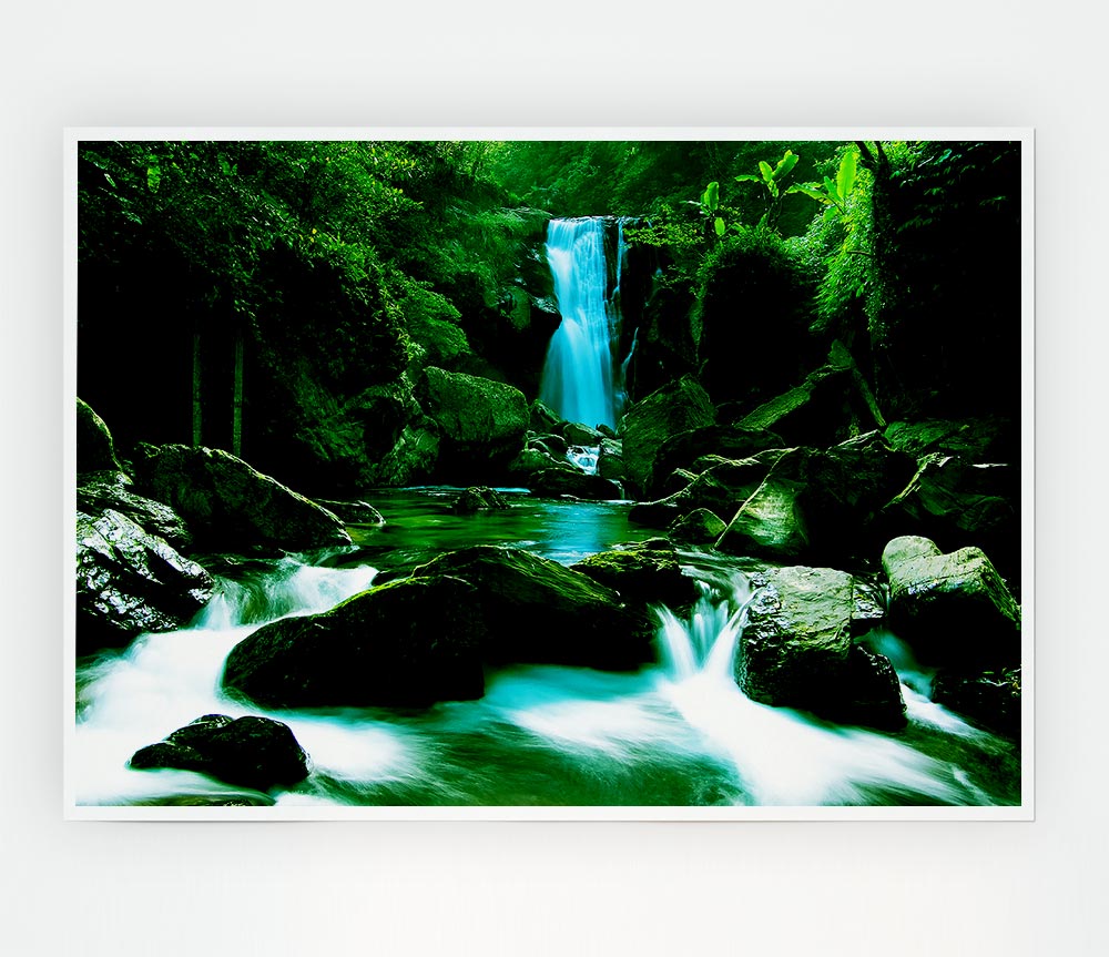 The Waterfall Flows Over The Rocks Print Poster Wall Art