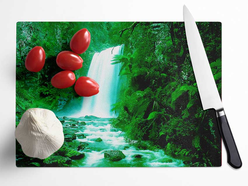 Green Forest Waterfall Glass Chopping Board