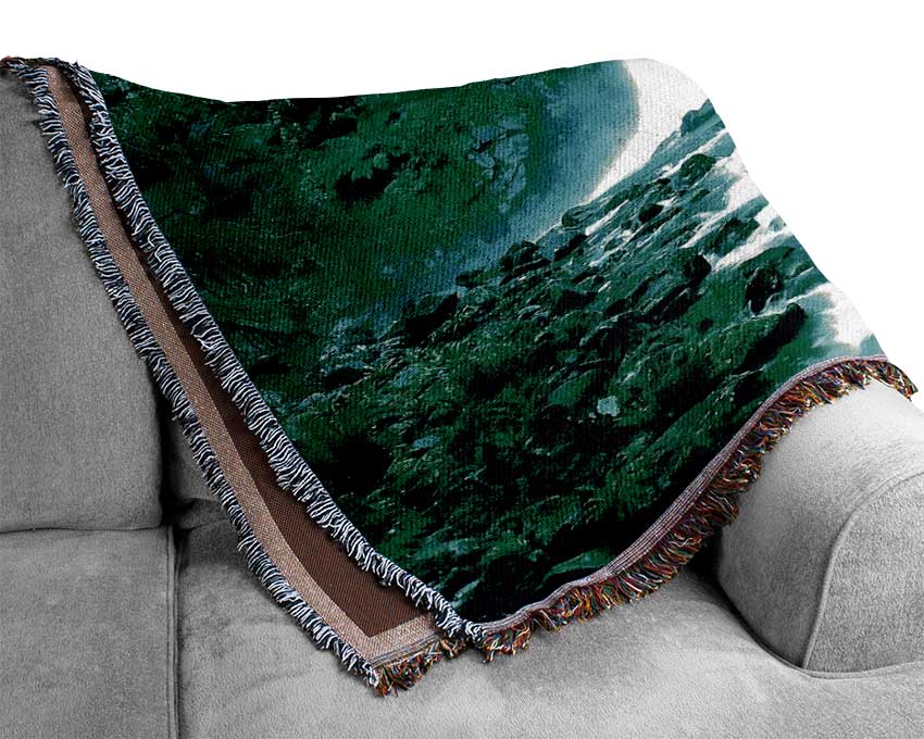 Green Forest Waterfall Woven Blanket