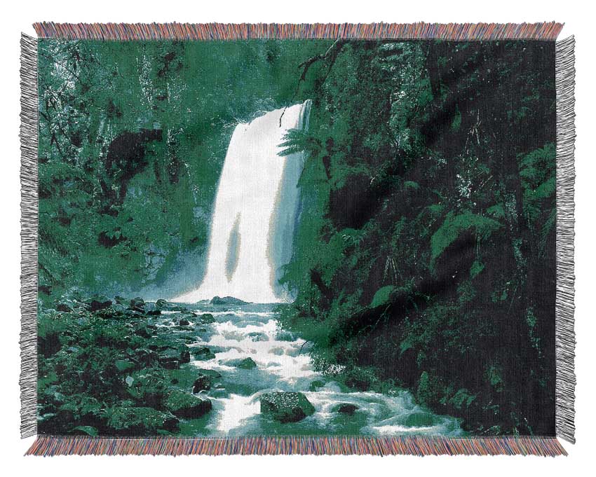 Green Forest Waterfall Woven Blanket