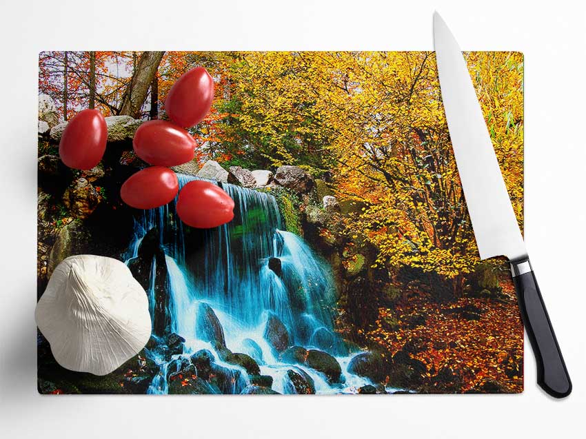 The Autumn Forest Waterfall Glass Chopping Board