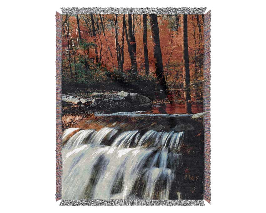 Autumn Waterfall Forest Woven Blanket