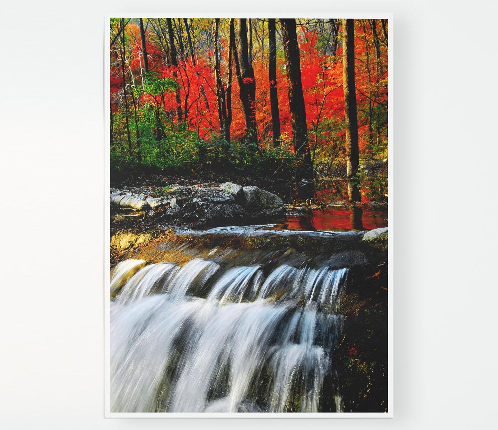 Autumn Waterfall Forest Print Poster Wall Art