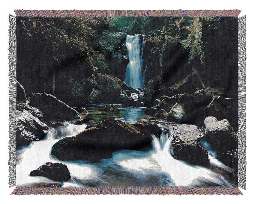 Enchanted Blue Waterfall Forest Flows Woven Blanket