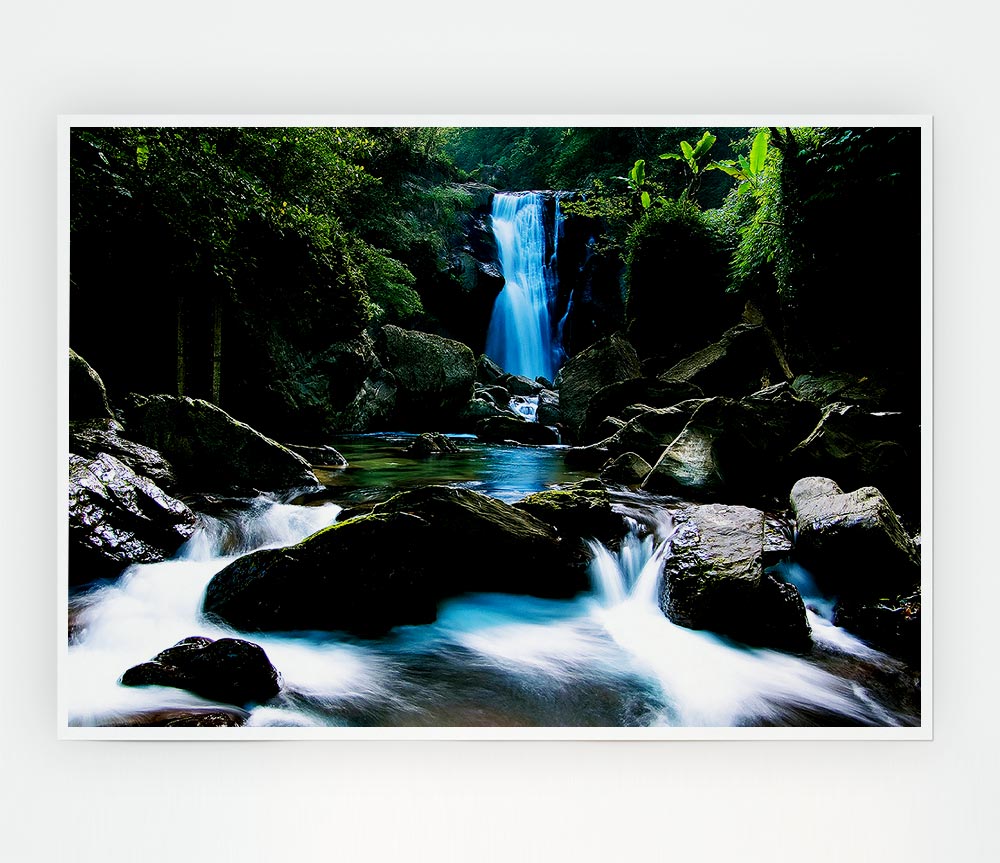 Enchanted Blue Waterfall Forest Flows Print Poster Wall Art