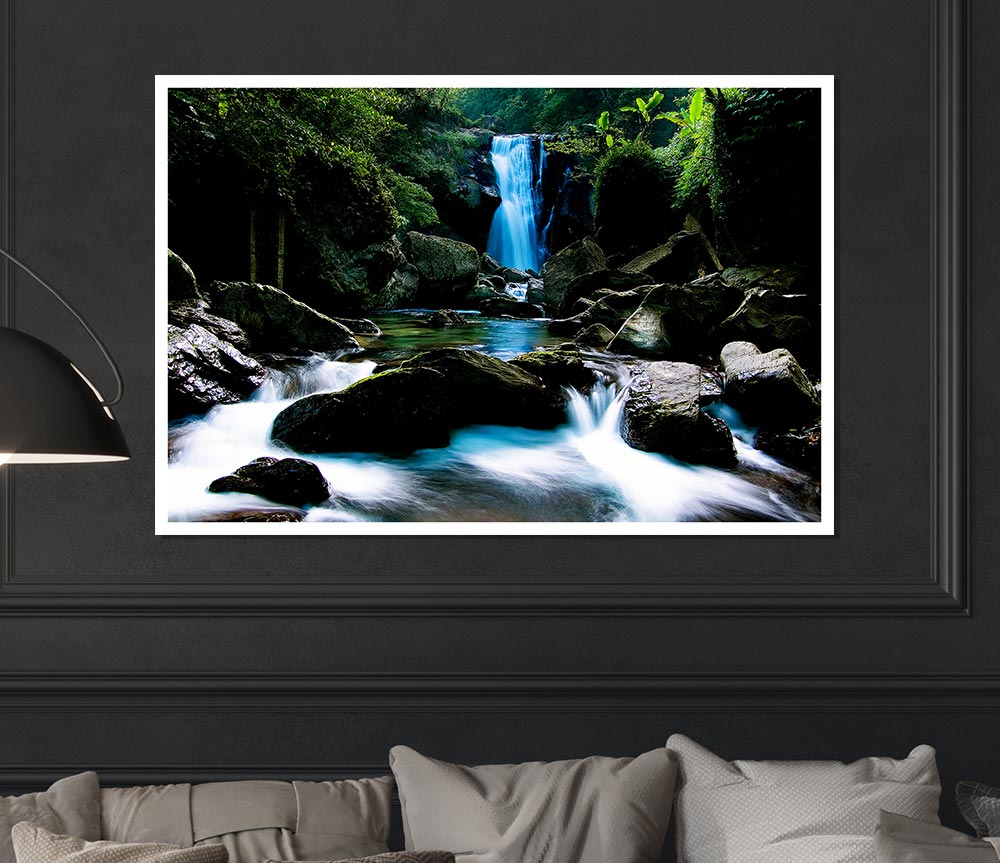 Enchanted Blue Waterfall Forest Flows Print Poster Wall Art