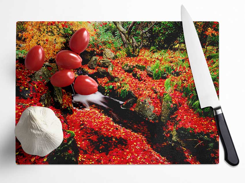 Red Winter Waterfall Glass Chopping Board