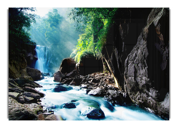 Sunbeams Over The Mountain Waterfall