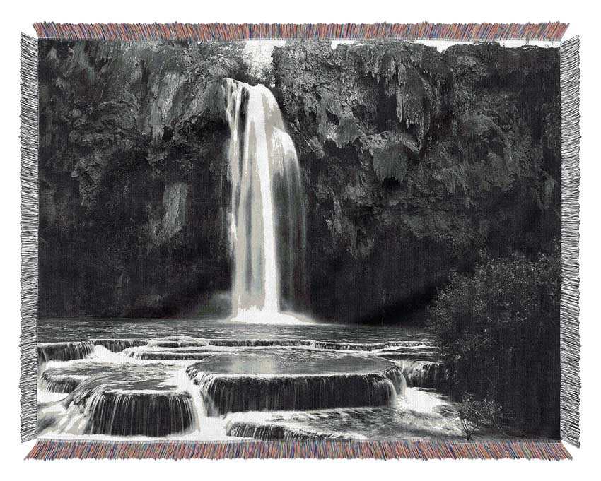 Hidden Woodland Waterfall Rocks B n W Woven Blanket