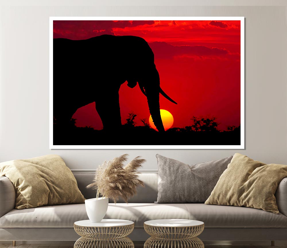Elephant At Sundown Print Poster Wall Art