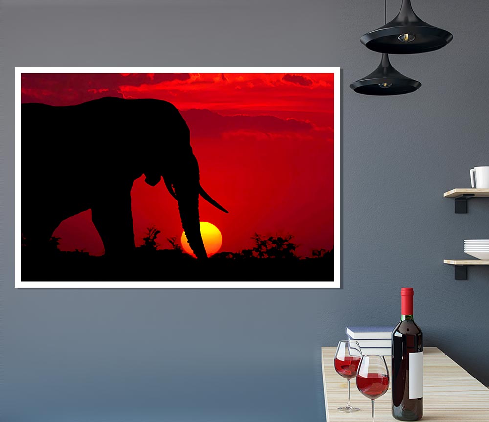 Elephant At Sundown Print Poster Wall Art