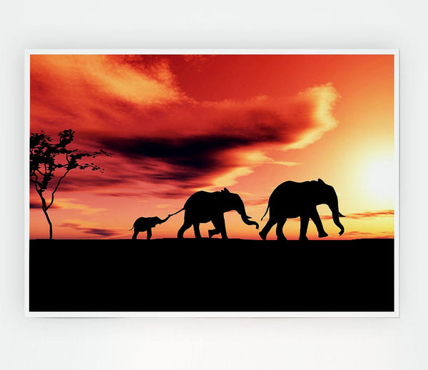 Elephant Family Sunset Print Poster Wall Art