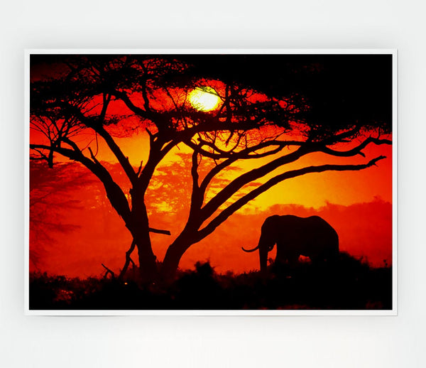 Elephant Safari Sunrise Print Poster Wall Art